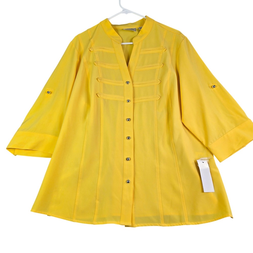 Vintage Y2K Military Button Blouse Women 14/16W Yellow Roll Tab Sleeve Majorette